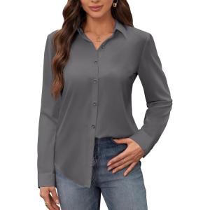image:imagesiliteelon Womens Stain Shield Dress Shirts Wrinkle Free Long Sleeve Shirts Solid Work Business Button Down ShirtsGray