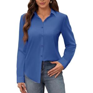 image:imagesiliteelon Womens Stain Shield Dress Shirts Wrinkle Free Long Sleeve Shirts Solid Work Business Button Down ShirtsInternational Klein Blue