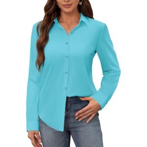 image:imagesiliteelon Womens Stain Shield Dress Shirts Wrinkle Free Long Sleeve Shirts Solid Work Business Button Down ShirtsLake Blue