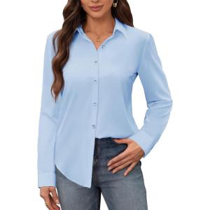 image:imagesiliteelon Womens Stain Shield Dress Shirts Wrinkle Free Long Sleeve Shirts Solid Work Business Button Down ShirtsLight Blue