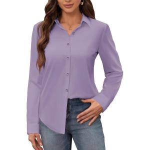 image:imagesiliteelon Womens Stain Shield Dress Shirts Wrinkle Free Long Sleeve Shirts Solid Work Business Button Down ShirtsLight Purple