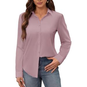 image:imagesiliteelon Womens Stain Shield Dress Shirts Wrinkle Free Long Sleeve Shirts Solid Work Business Button Down ShirtsLotus Pink