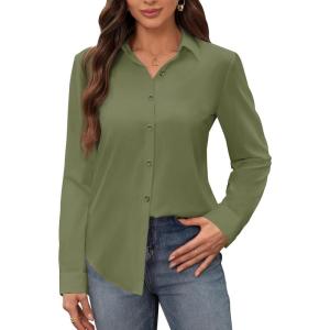 image:imagesiliteelon Womens Stain Shield Dress Shirts Wrinkle Free Long Sleeve Shirts Solid Work Business Button Down ShirtsMilitary Green