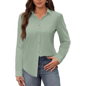 image:imagesiliteelon Womens Stain Shield Dress Shirts Wrinkle Free Long Sleeve Shirts Solid Work Business Button Down ShirtsMint Green