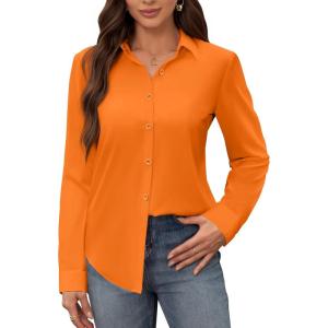 image:imagesiliteelon Womens Stain Shield Dress Shirts Wrinkle Free Long Sleeve Shirts Solid Work Business Button Down ShirtsOrange