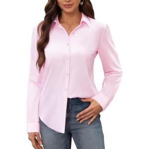 image:imagesiliteelon Womens Stain Shield Dress Shirts Wrinkle Free Long Sleeve Shirts Solid Work Business Button Down ShirtsPink