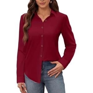 image:imagesiliteelon Womens Stain Shield Dress Shirts Wrinkle Free Long Sleeve Shirts Solid Work Business Button Down ShirtsRed