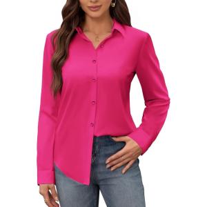 image:imagesiliteelon Womens Stain Shield Dress Shirts Wrinkle Free Long Sleeve Shirts Solid Work Business Button Down ShirtsRose Red