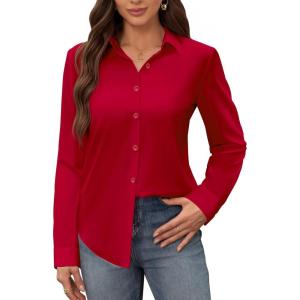image:imagesiliteelon Womens Stain Shield Dress Shirts Wrinkle Free Long Sleeve Shirts Solid Work Business Button Down ShirtsVermillion