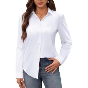 image:imagesiliteelon Womens Stain Shield Dress Shirts Wrinkle Free Long Sleeve Shirts Solid Work Business Button Down ShirtsWhite