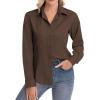 image:imagesiliteelon Womens ClassicFit Dress Shirts Long Sleeve Button Down WrinkleFree Stretch Solid Casual Work Office Blouse TopBrown