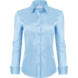 image:imagesiliteelon Womens ClassicFit Dress Shirts Long Sleeve Button Down WrinkleFree Stretch Solid Casual Work Office Blouse TopBaby Blue