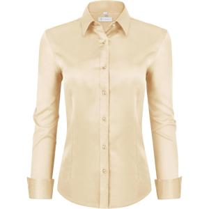 image:imagesiliteelon Womens ClassicFit Dress Shirts Long Sleeve Button Down WrinkleFree Stretch Solid Casual Work Office Blouse TopBeige