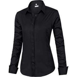 image:imagesiliteelon Womens ClassicFit Dress Shirts Long Sleeve Button Down WrinkleFree Stretch Solid Casual Work Office Blouse TopBlack