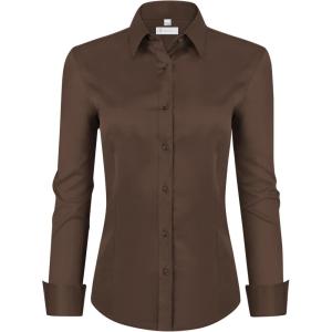 image:imagesiliteelon Womens ClassicFit Dress Shirts Long Sleeve Button Down WrinkleFree Stretch Solid Casual Work Office Blouse TopBrown