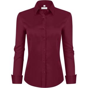 image:imagesiliteelon Womens ClassicFit Dress Shirts Long Sleeve Button Down WrinkleFree Stretch Solid Casual Work Office Blouse TopBurgundy