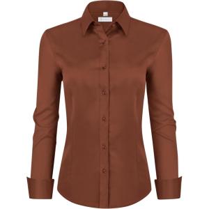 image:imagesiliteelon Womens ClassicFit Dress Shirts Long Sleeve Button Down WrinkleFree Stretch Solid Casual Work Office Blouse TopCaramel