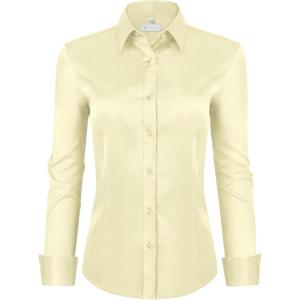 image:imagesiliteelon Womens ClassicFit Dress Shirts Long Sleeve Button Down WrinkleFree Stretch Solid Casual Work Office Blouse TopCream