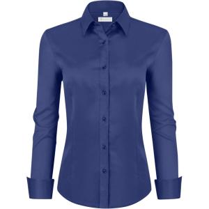 image:imagesiliteelon Womens ClassicFit Dress Shirts Long Sleeve Button Down WrinkleFree Stretch Solid Casual Work Office Blouse TopDark Blue