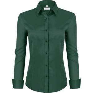 image:imagesiliteelon Womens ClassicFit Dress Shirts Long Sleeve Button Down WrinkleFree Stretch Solid Casual Work Office Blouse TopDark Green