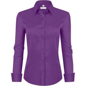 image:imagesiliteelon Womens ClassicFit Dress Shirts Long Sleeve Button Down WrinkleFree Stretch Solid Casual Work Office Blouse TopDeep Purple