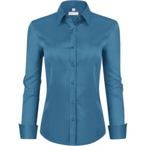 image:imagesiliteelon Womens ClassicFit Dress Shirts Long Sleeve Button Down WrinkleFree Stretch Solid Casual Work Office Blouse TopDenim Blue