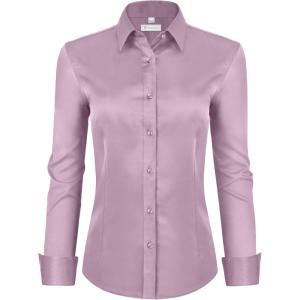 image:imagesiliteelon Womens ClassicFit Dress Shirts Long Sleeve Button Down WrinkleFree Stretch Solid Casual Work Office Blouse TopGrayish Purple
