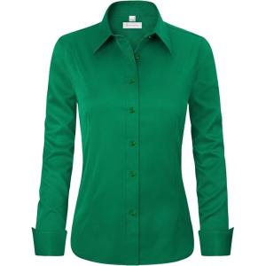 image:imagesiliteelon Womens ClassicFit Dress Shirts Long Sleeve Button Down WrinkleFree Stretch Solid Casual Work Office Blouse TopGreen