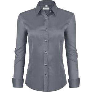 image:imagesiliteelon Womens ClassicFit Dress Shirts Long Sleeve Button Down WrinkleFree Stretch Solid Casual Work Office Blouse TopGrey