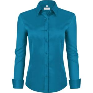 image:imagesiliteelon Womens ClassicFit Dress Shirts Long Sleeve Button Down WrinkleFree Stretch Solid Casual Work Office Blouse TopIndigo