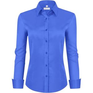 image:imagesiliteelon Womens ClassicFit Dress Shirts Long Sleeve Button Down WrinkleFree Stretch Solid Casual Work Office Blouse TopIndigo Blue