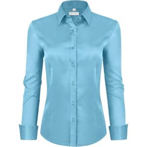 image:imagesiliteelon Womens ClassicFit Dress Shirts Long Sleeve Button Down WrinkleFree Stretch Solid Casual Work Office Blouse TopLake Blue