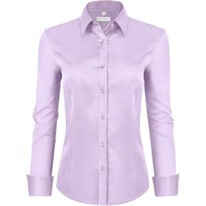 image:imagesiliteelon Womens ClassicFit Dress Shirts Long Sleeve Button Down WrinkleFree Stretch Solid Casual Work Office Blouse TopLavender