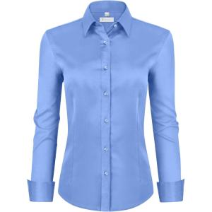 image:imagesiliteelon Womens ClassicFit Dress Shirts Long Sleeve Button Down WrinkleFree Stretch Solid Casual Work Office Blouse TopLight Blue