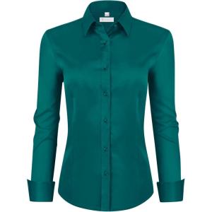 image:imagesiliteelon Womens ClassicFit Dress Shirts Long Sleeve Button Down WrinkleFree Stretch Solid Casual Work Office Blouse TopLight Dark Green