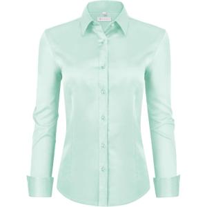 image:imagesiliteelon Womens ClassicFit Dress Shirts Long Sleeve Button Down WrinkleFree Stretch Solid Casual Work Office Blouse TopLight Green