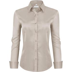 image:imagesiliteelon Womens ClassicFit Dress Shirts Long Sleeve Button Down WrinkleFree Stretch Solid Casual Work Office Blouse TopLight Khaki