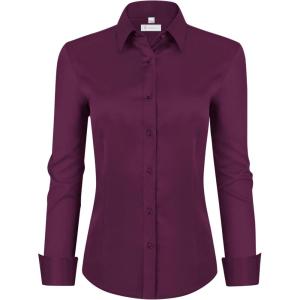image:imagesiliteelon Womens ClassicFit Dress Shirts Long Sleeve Button Down WrinkleFree Stretch Solid Casual Work Office Blouse TopMagenta