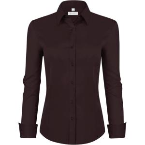 image:imagesiliteelon Womens ClassicFit Dress Shirts Long Sleeve Button Down WrinkleFree Stretch Solid Casual Work Office Blouse TopMaroon