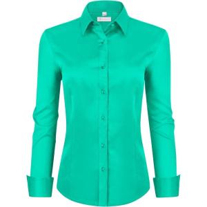 image:imagesiliteelon Womens ClassicFit Dress Shirts Long Sleeve Button Down WrinkleFree Stretch Solid Casual Work Office Blouse TopMint Green