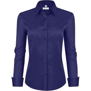 image:imagesiliteelon Womens ClassicFit Dress Shirts Long Sleeve Button Down WrinkleFree Stretch Solid Casual Work Office Blouse TopNavy Blue