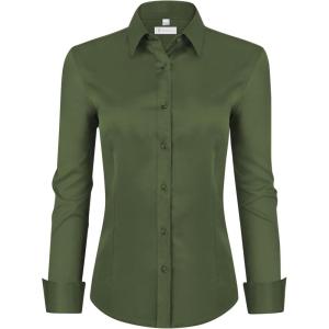image:imagesiliteelon Womens ClassicFit Dress Shirts Long Sleeve Button Down WrinkleFree Stretch Solid Casual Work Office Blouse TopOlive Green
