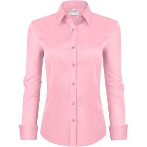 image:imagesiliteelon Womens ClassicFit Dress Shirts Long Sleeve Button Down WrinkleFree Stretch Solid Casual Work Office Blouse TopPeachypink