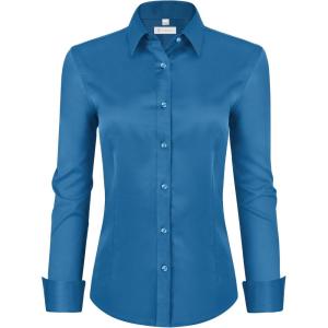 image:imagesiliteelon Womens ClassicFit Dress Shirts Long Sleeve Button Down WrinkleFree Stretch Solid Casual Work Office Blouse TopPeacock Blue