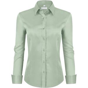 image:imagesiliteelon Womens ClassicFit Dress Shirts Long Sleeve Button Down WrinkleFree Stretch Solid Casual Work Office Blouse TopPeagreen