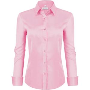 image:imagesiliteelon Womens ClassicFit Dress Shirts Long Sleeve Button Down WrinkleFree Stretch Solid Casual Work Office Blouse TopPink