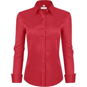 image:imagesiliteelon Womens ClassicFit Dress Shirts Long Sleeve Button Down WrinkleFree Stretch Solid Casual Work Office Blouse TopRed