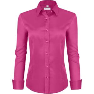 image:imagesiliteelon Womens ClassicFit Dress Shirts Long Sleeve Button Down WrinkleFree Stretch Solid Casual Work Office Blouse TopRose Red
