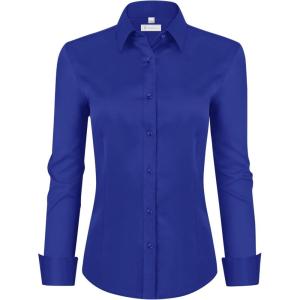 image:imagesiliteelon Womens ClassicFit Dress Shirts Long Sleeve Button Down WrinkleFree Stretch Solid Casual Work Office Blouse TopRoyal Blue