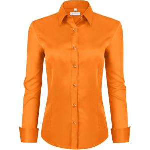 image:imagesiliteelon Womens ClassicFit Dress Shirts Long Sleeve Button Down WrinkleFree Stretch Solid Casual Work Office Blouse TopSaffron